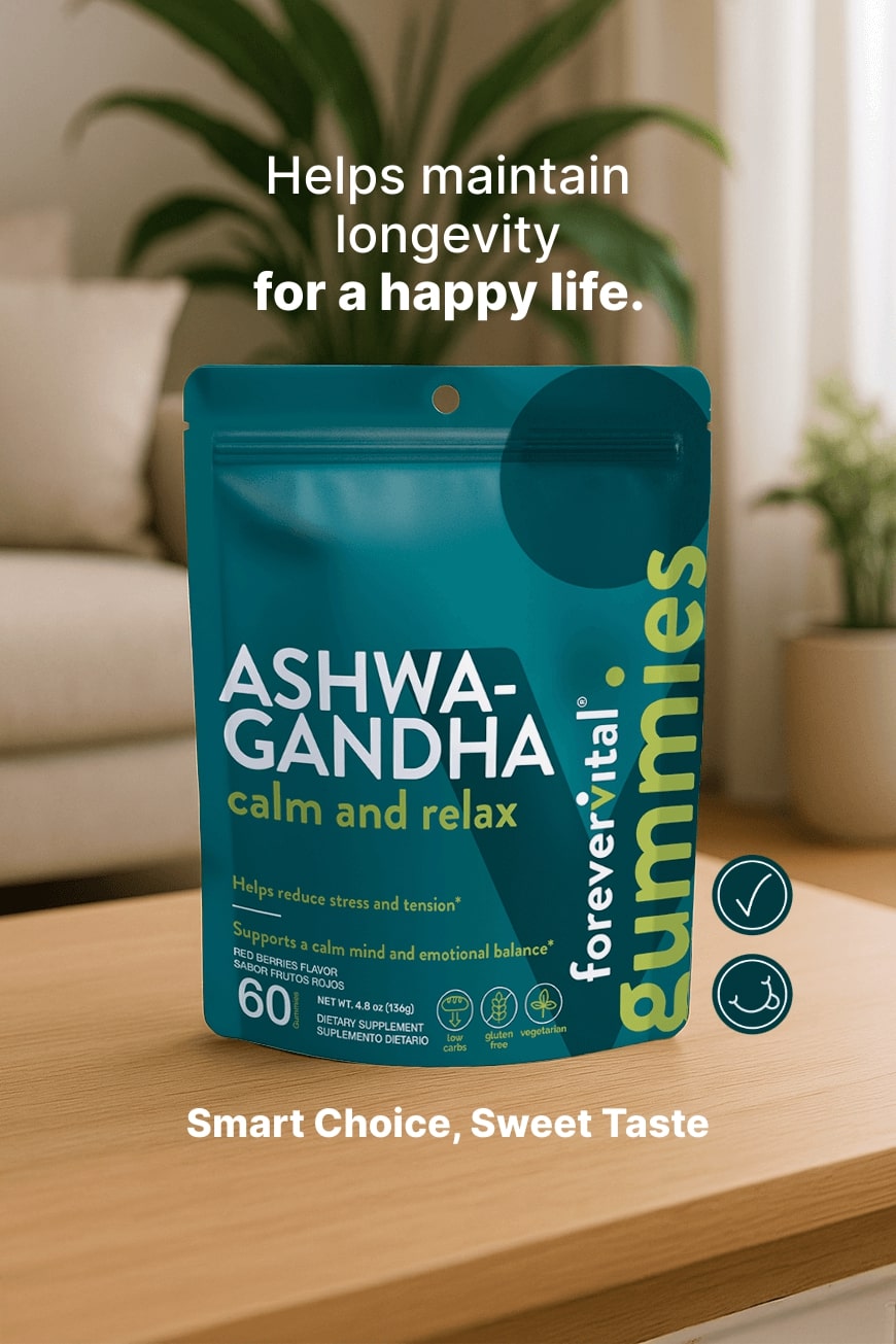Package of Ashwa-Gandha gummies on a wooden surface with text about health benefits.